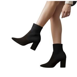 Steve Madden Reese Black Suede Sock Booties 5.5 Almond Toe 3.25” Heel